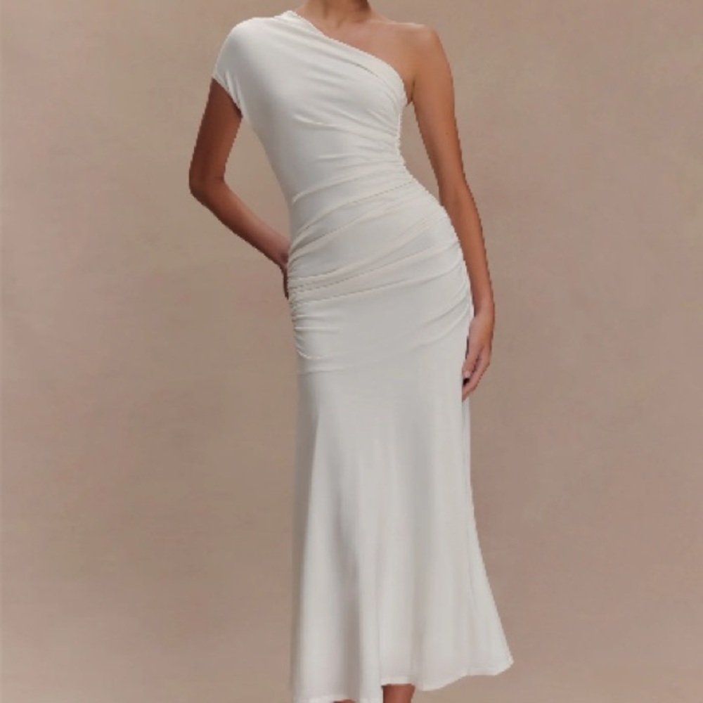 Meshki One-Shoulder White Ruched Midi Dress - Picture 5 of 7